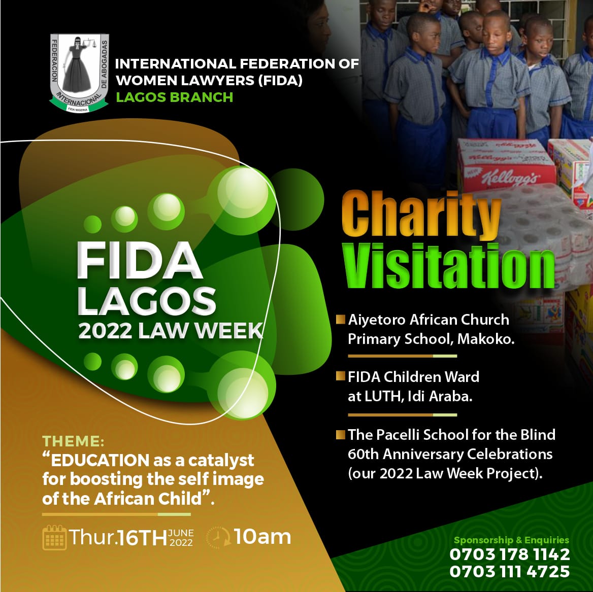 THE INTERNATIONAL FEDERATION OF WOMEN LAWYERS [FIDA] LAGOS BRANCH 2022 LAW WEEK SET TO EMBARK ON *CHARITY VISITATION*