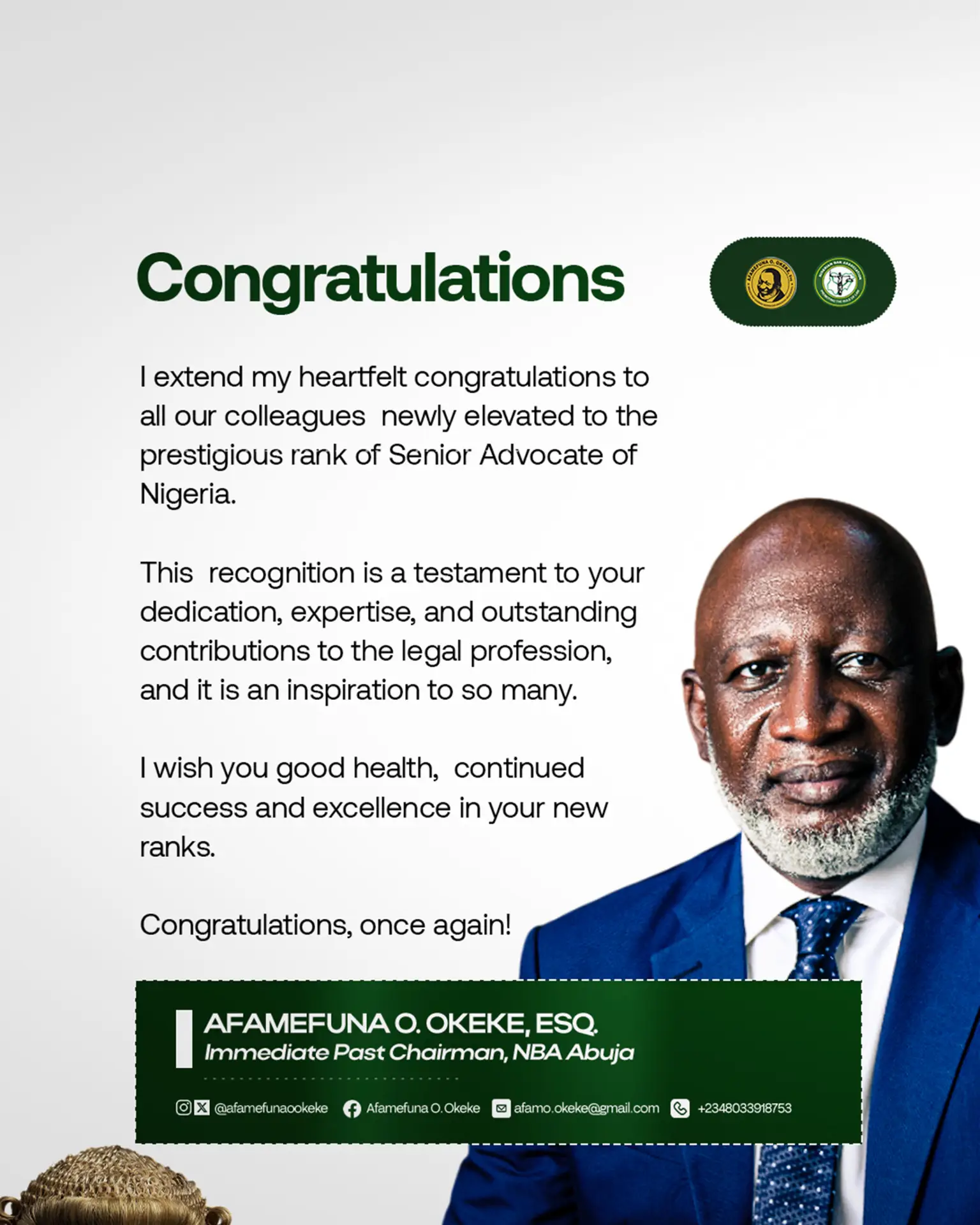 Afamefuna Okeke, Ex-NBA Abuja Chairman, Commends Newly Elevated SANs for Excellence, Dedication to Legal Profession