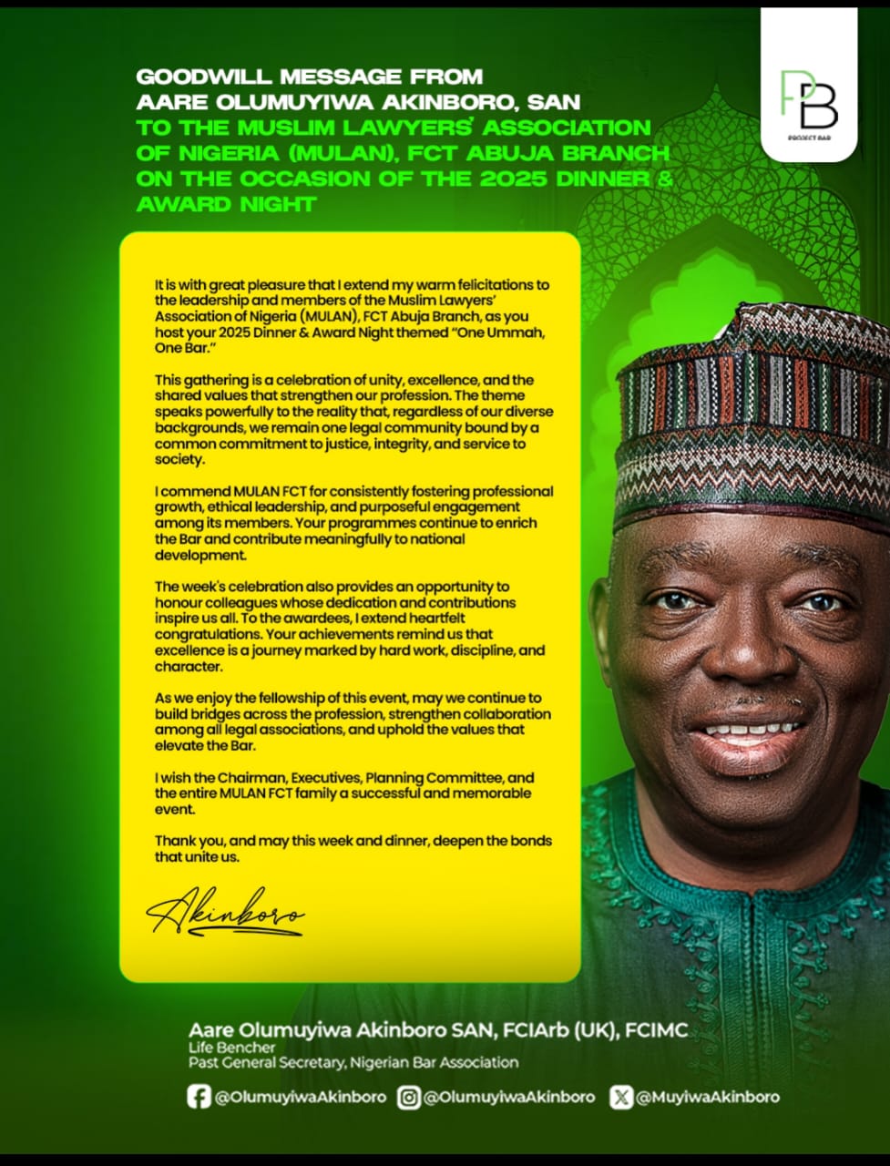 Akinboro, SAN Applauds MULAN FCT’s Unity and Professional Excellence at 2025 Dinner & Award Night