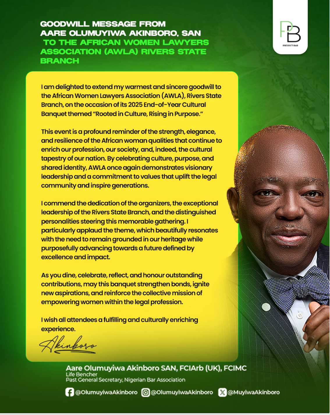 Aare Olumuyiwa Akinboro, SAN, Extends Goodwill to AWLA Rivers State Branch in Honour of Its 2025 Cultural Banquet