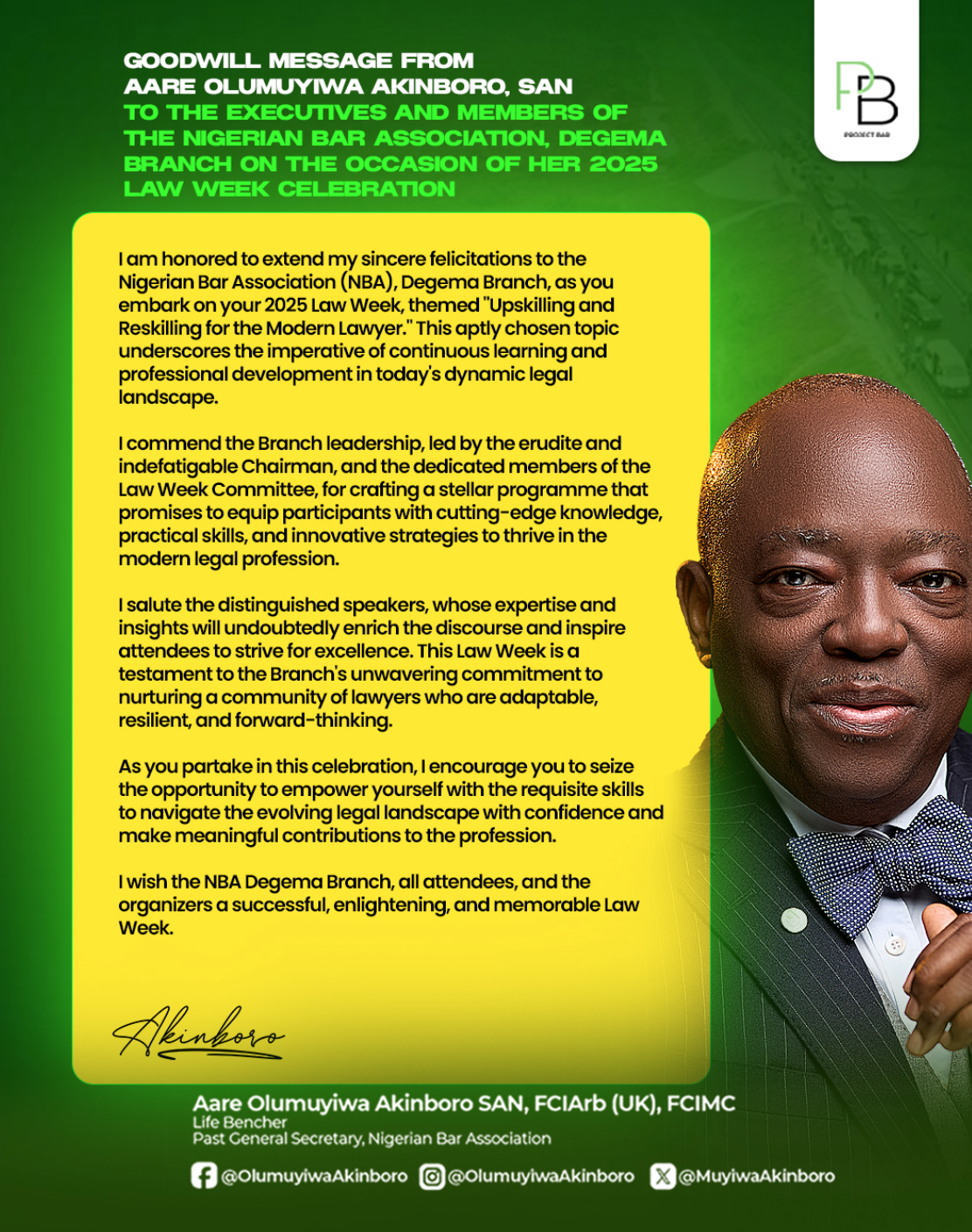 Aare Olumuyiwa Akinboro, SAN, Sends Warm Goodwill to NBA Degema Branch in Honour of Its 2025 Law Week