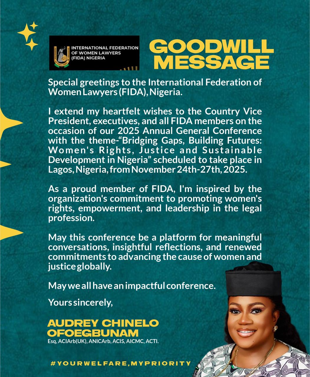 Audrey Chinelo Ofoegbunam Applauds FIDA Nigeria’s Dedication to Women’s Empowerment and Justice at 2025 AGM
