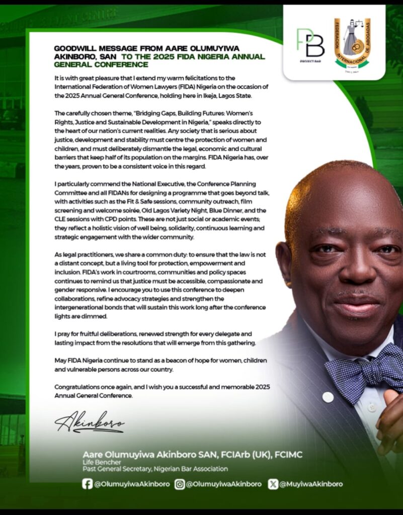 Aare Olumuyiwa Akinboro SAN Commends FIDA Nigeria’s Holistic 2025 Conference, Urges Gender-Responsive Justice 1 WhatsApp Image 2025 11 25 at 09.49.02