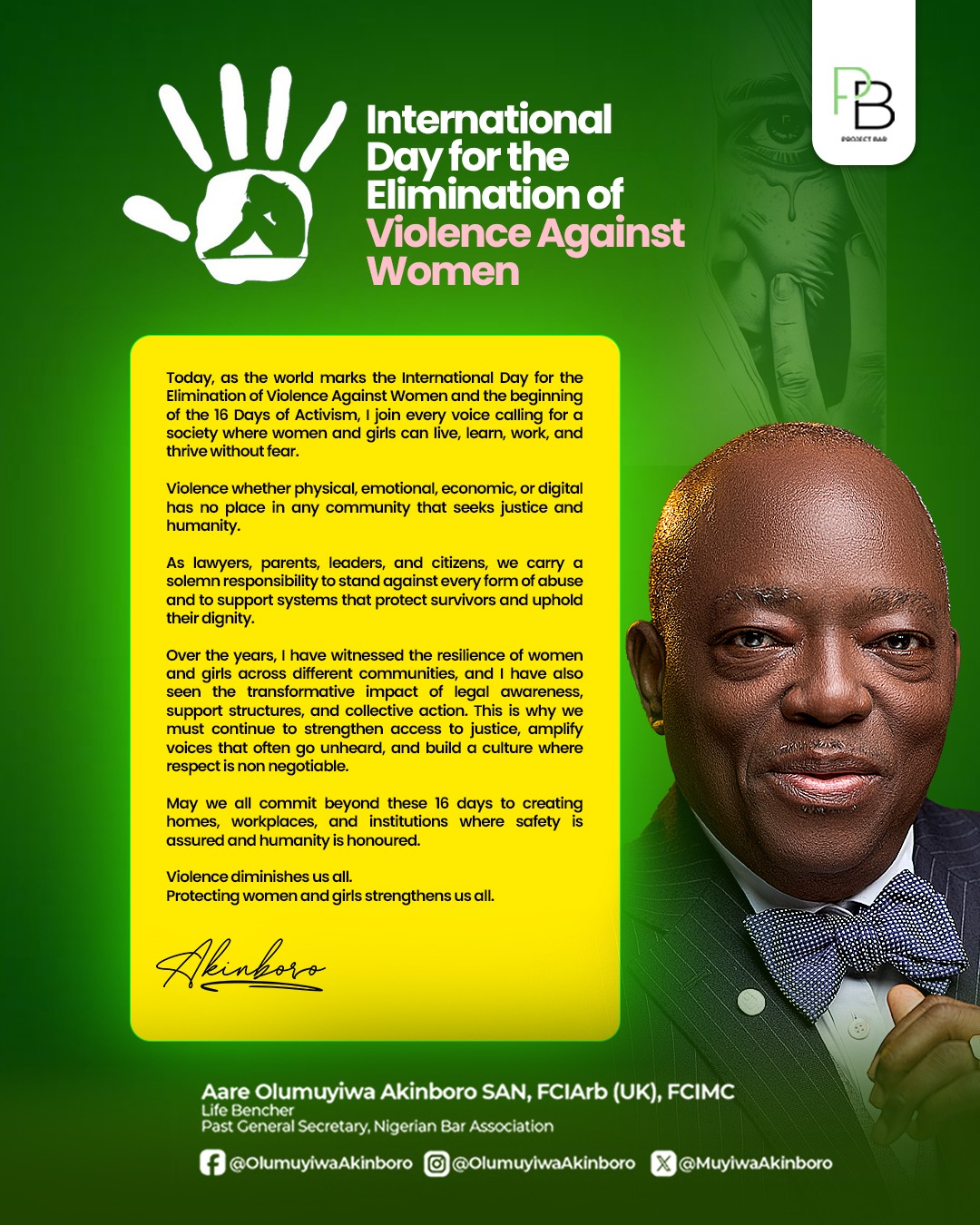 Aare Olumuyiwa Akinboro, SAN Advocates Safe Communities on the International Day for the Elimination of Violence Against Women