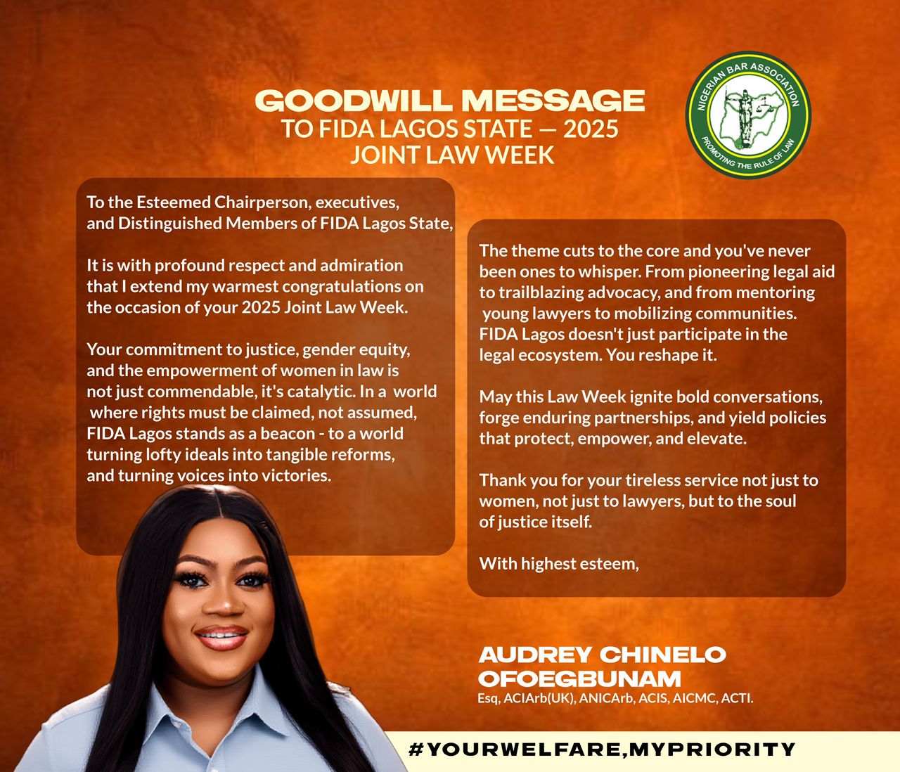 Audrey Chinelo Ofoegbunam, Esq., Extends High Esteem to FIDA Lagos State on the Occasion of Its 2025 Joint Law Week