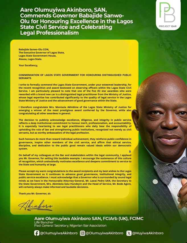 Aare Olumuyiwa Akinboro, SAN, Commends Governor Babajide Sanwo-Olu for Honouring Excellence in the Lagos Sttate Civil Service and Celebrating Legal Professionalism