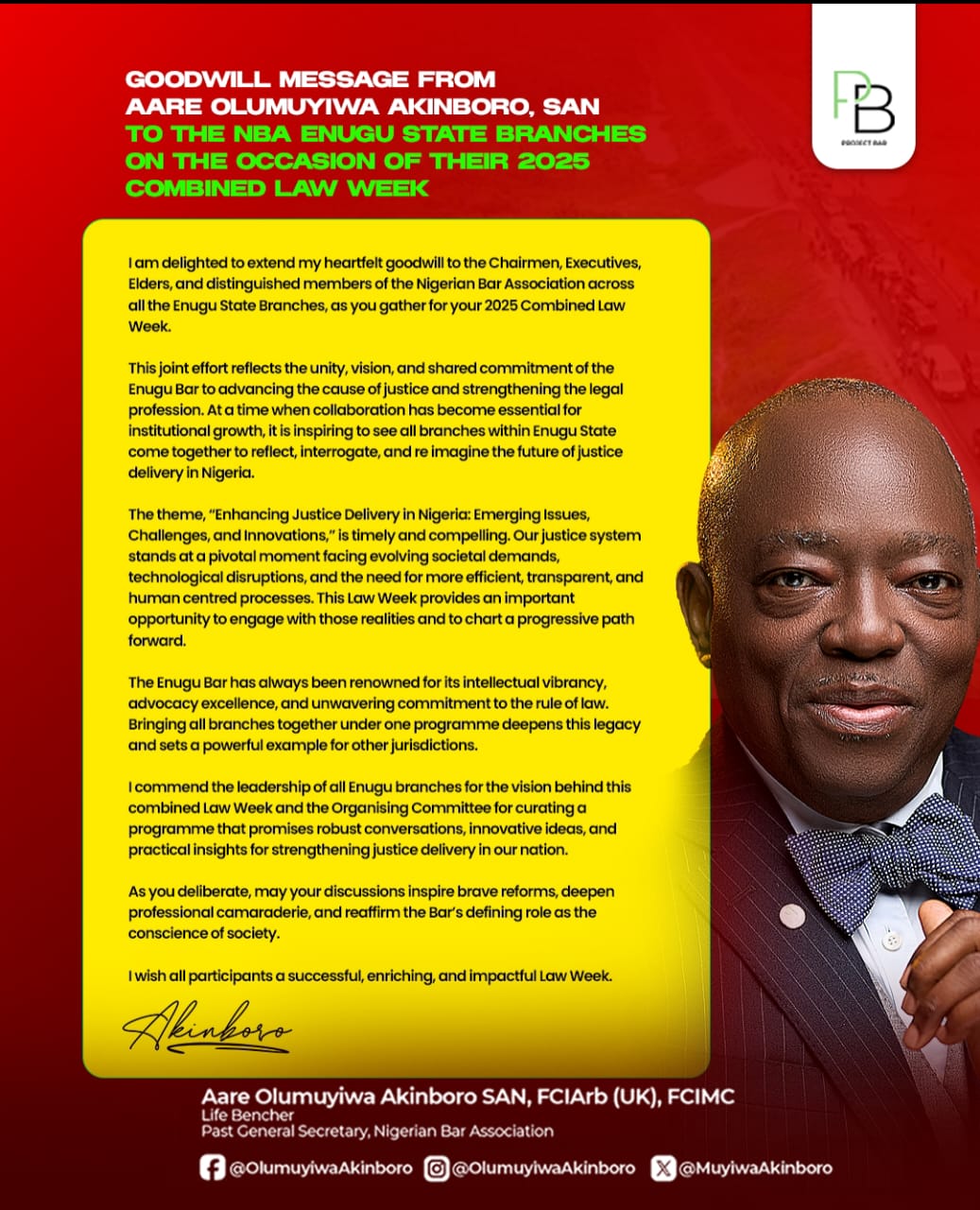 Aare Olumuyiwa Akinboro, SAN, FCIArb(UK), Life Bencher, Extends Goodwill to All NBA Enugu State Branches at Their 2025 Combined Law Week