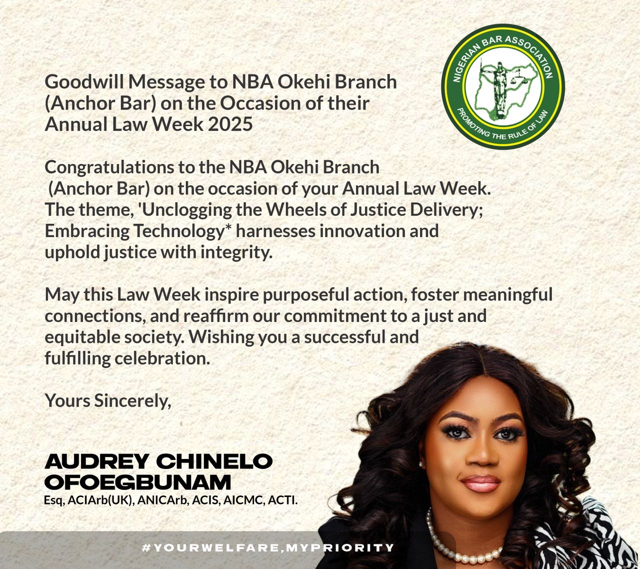 Audrey Chinelo Ofoegbunam, Esq., Sends Goodwill Message to NBA Okehi Branch (Anchor Bar) on Its 2025 Annual Law Week