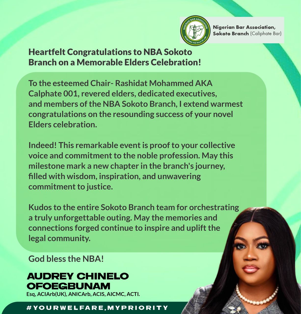 Audrey Chinelo Ofoegbunam, Esq., Felicitates NBA Sokoto Branch on the Successful Hosting of Its Elders Celebration