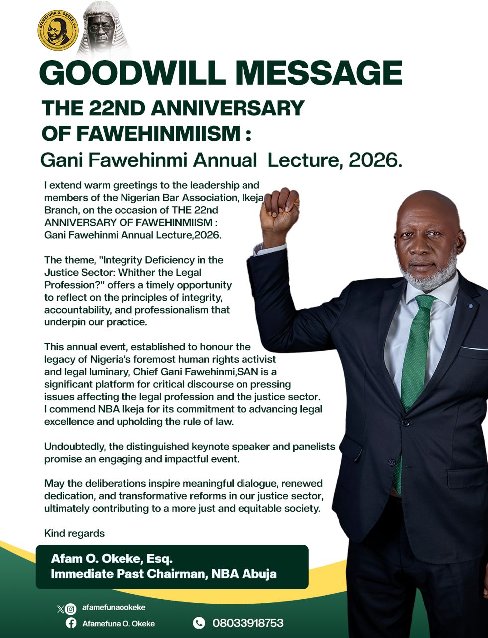 Afam O. Okeke, Esq., Challenges the Legal Profession to Reclaim Integrity and Public Trust at the Gani Fawehinmi Annual Lecture