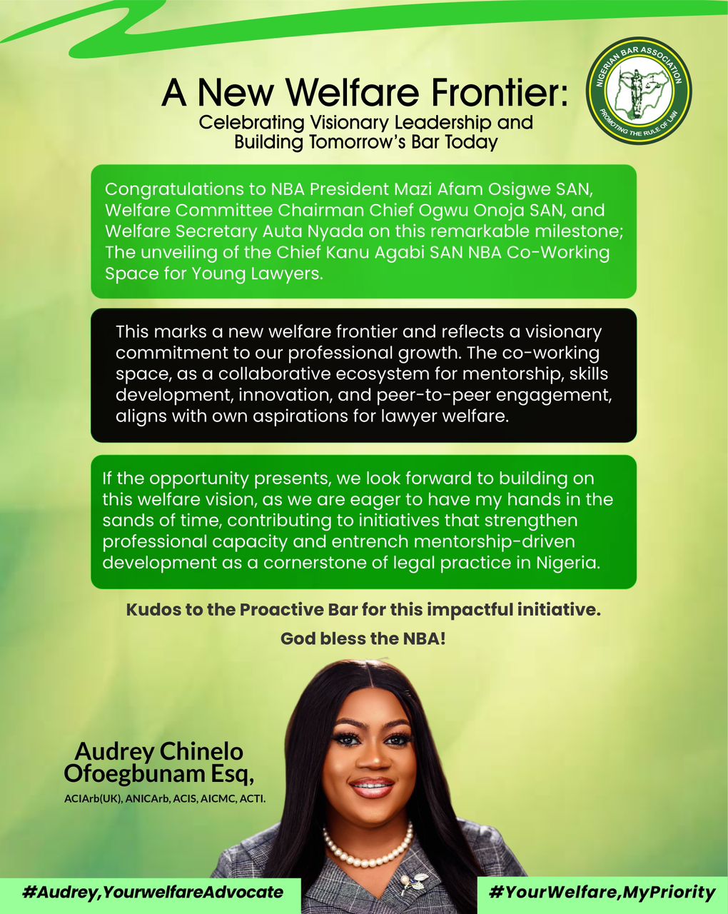 Audrey Chinelo Ofoegbunam, Esq., Commends NBA President Afam Osigwe, SAN, on Launch of Chief Kanu Agabi, SAN, Co-Working Space for Young Lawyers
