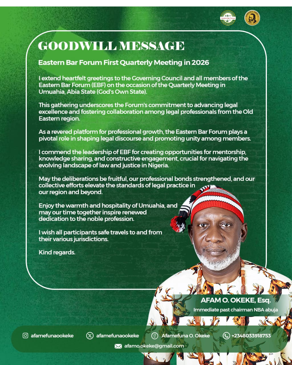 Afam O. Okeke, Esq., Extends Goodwill to the Eastern Bar Forum on Its First Quarterly Meeting of 2026 in Umuahia