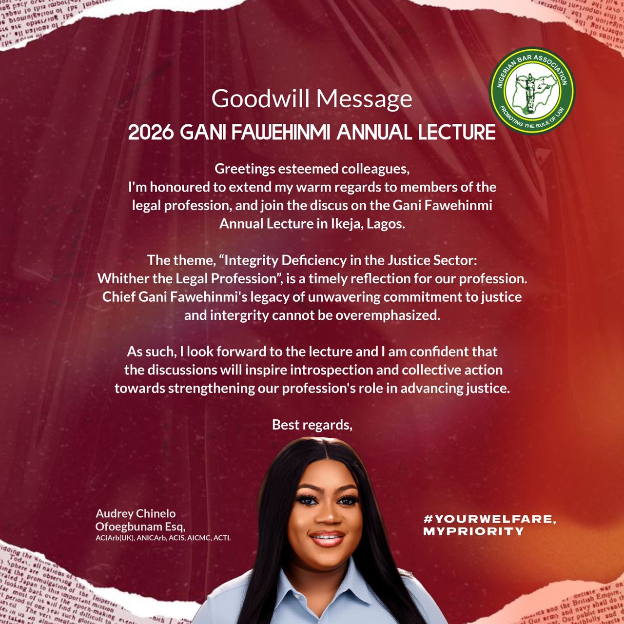 Audrey Chinelo Ofoegbunam, Esq., Sends Goodwill Message Ahead of the 2026 Gani Fawehinmi Annual Lecture