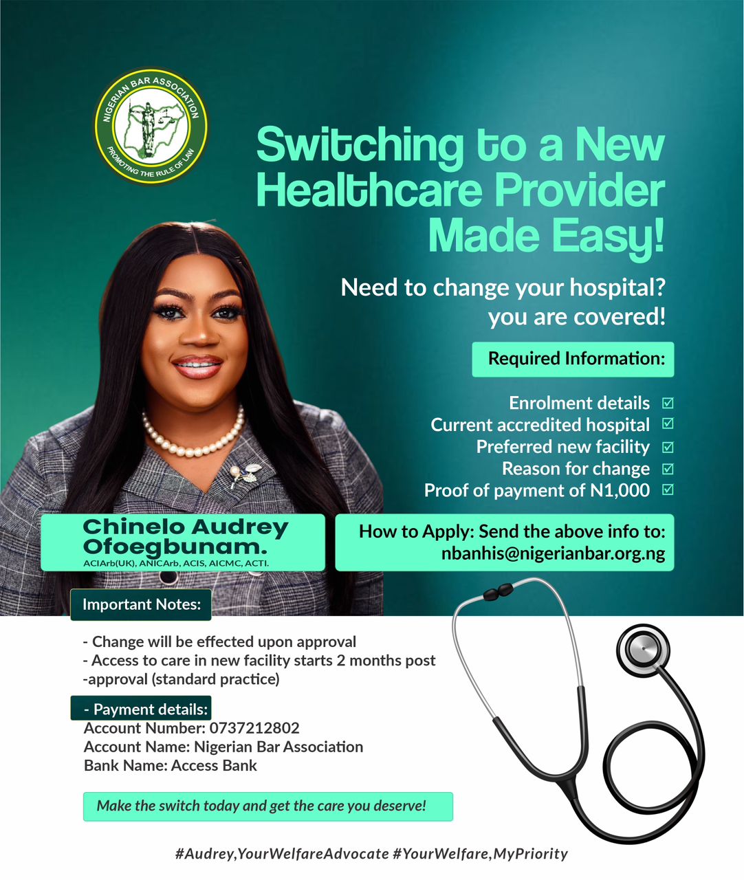 Audrey Chinelo Ofoegbunam, Esq., Explains Simple Steps for Lawyers to Switch Healthcare Providers Under the NBA–NHIA Scheme