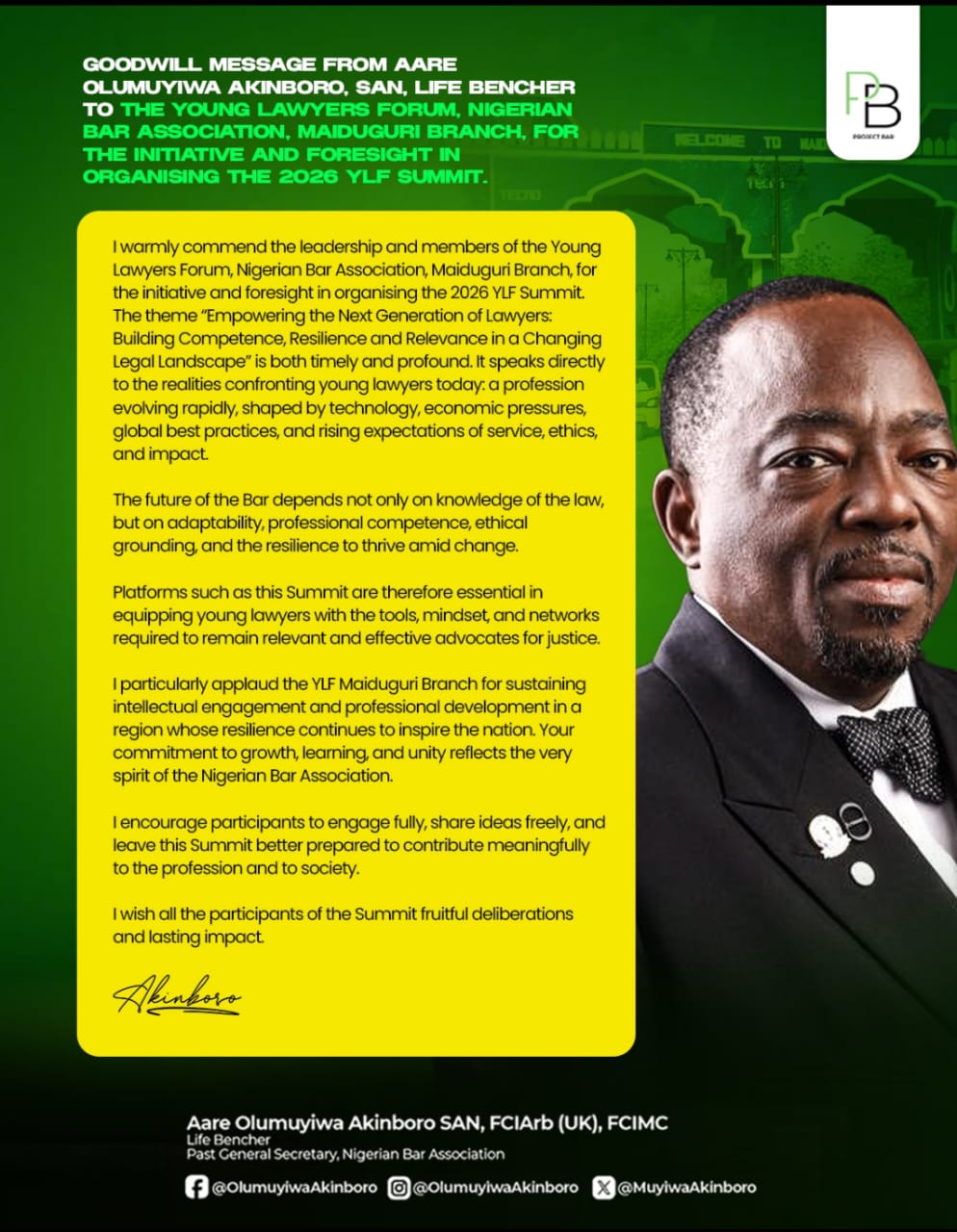 Aare Olumuyiwa Akinboro, SAN, Commends NBA–YLF Maiduguri Branch for Championing Competence, Resilience, and Relevance at the 2026 YLF Summit