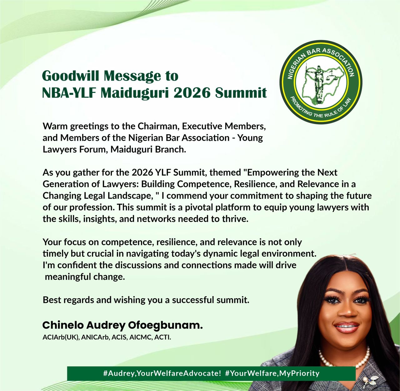 Audrey Chinelo Ofoegbunam, Esq., Extends Goodwill to NBA–YLF Maiduguri Branch Ahead of Its 2026 Summit on Empowering Young Lawyers