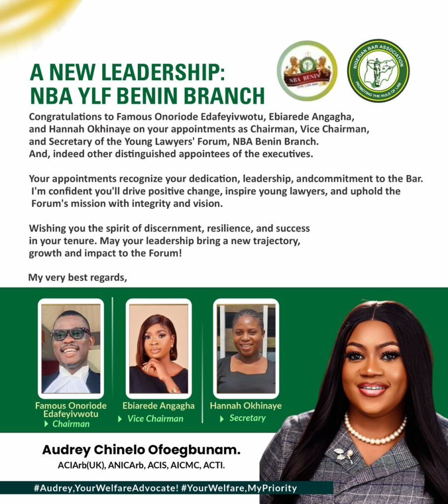 Audrey Chinelo Ofoegbunam, Esq., Congratulates New NBA–YLF Benin Branch Leadership 1 WhatsApp Image 2026 02 15 at 11.28.58 PM