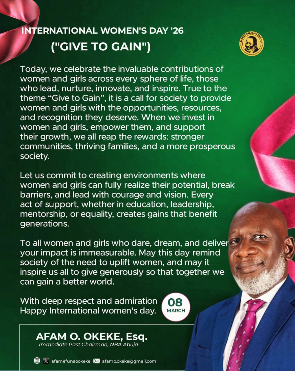 Afam O. Okeke, Esq., Celebrates Women and Girls on International Women’s Day, Calls for Greater Investment and Opportunity Under the Theme “Give to Gain”