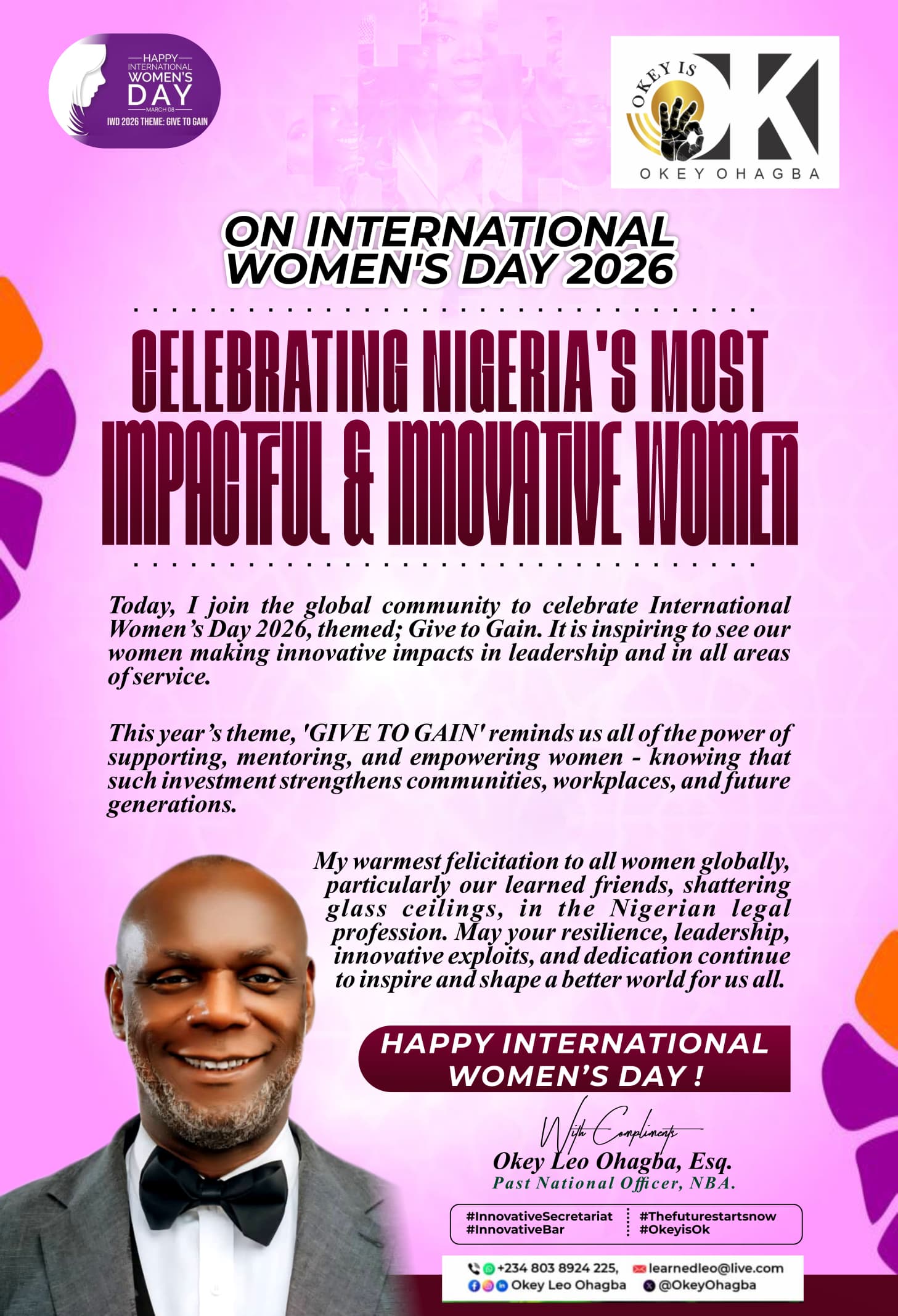 Okey Leo Ohagba Celebrates Women’s Leadership and Innovation on International Women’s Day 2026, Applauds Women Shattering Barriers in the Legal Profession