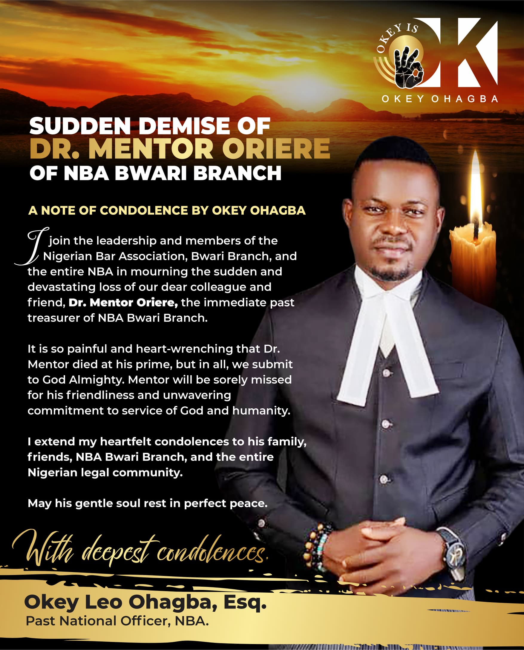 Okey Leo Ohagba Extends Condolences on Passing of Dr. Mentor Oriere of NBA Bwari