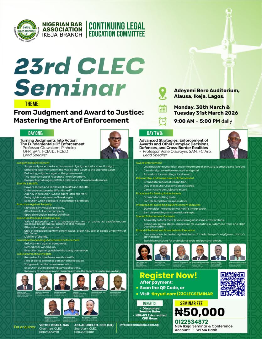 NBA Ikeja Unveils Power-Packed 23rd CLEC Seminar on Enforcement of Judgments and Awards