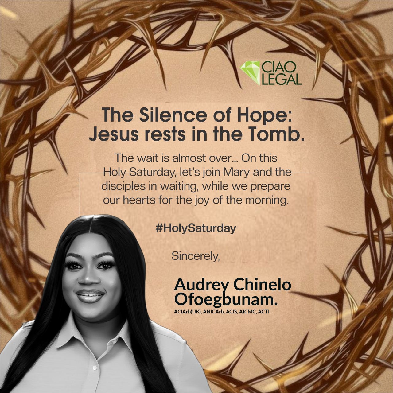 Audrey Chinelo Ofoegbunam Emphasizes Hope and Spiritual Renewal in Holy Saturday Reflection