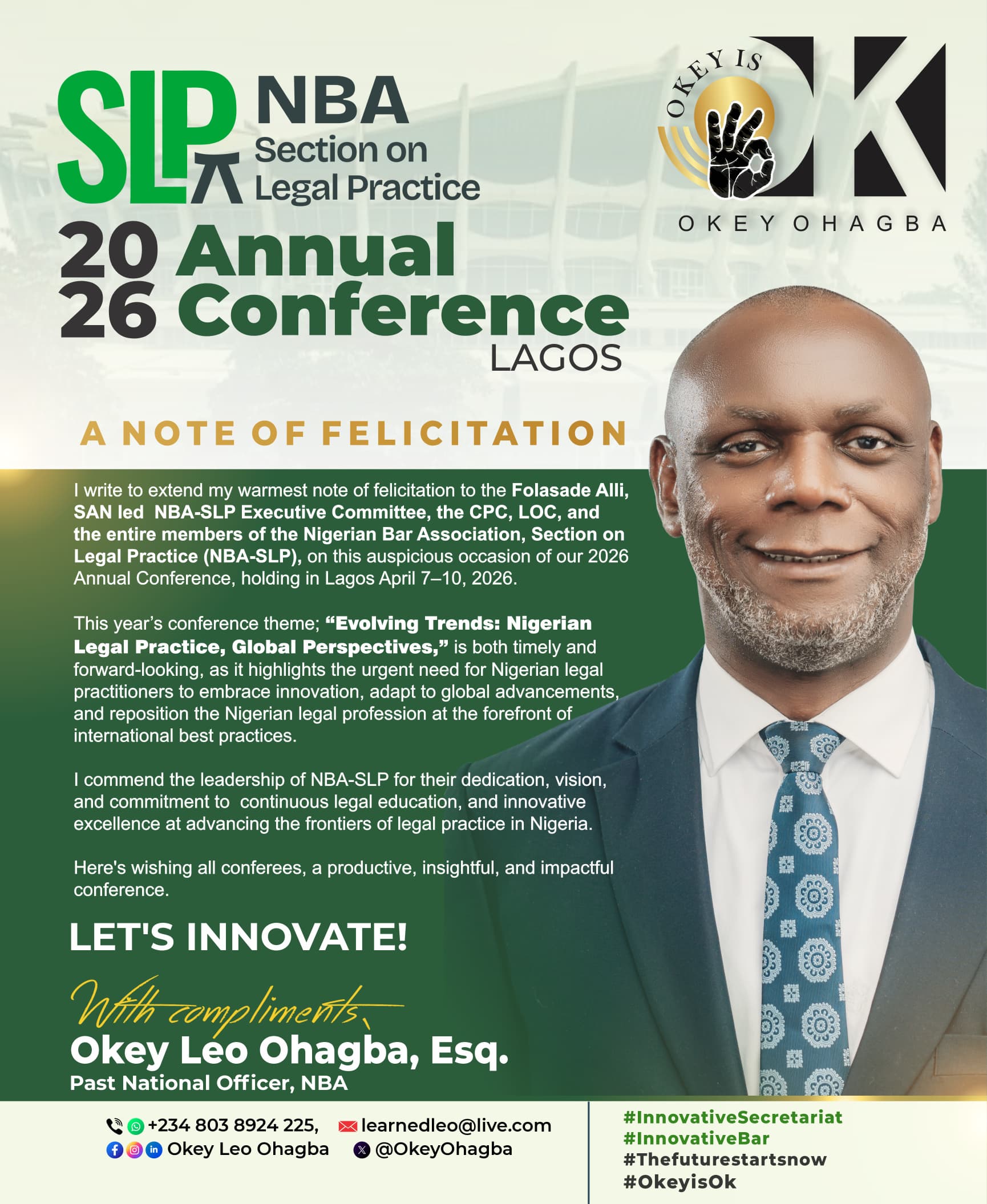 Okey Leo Ohagba Felicitates NBA-SLP on 2026 Annual Conference, Commends Leadership and Calls for Innovation in Nigerian Legal Practice