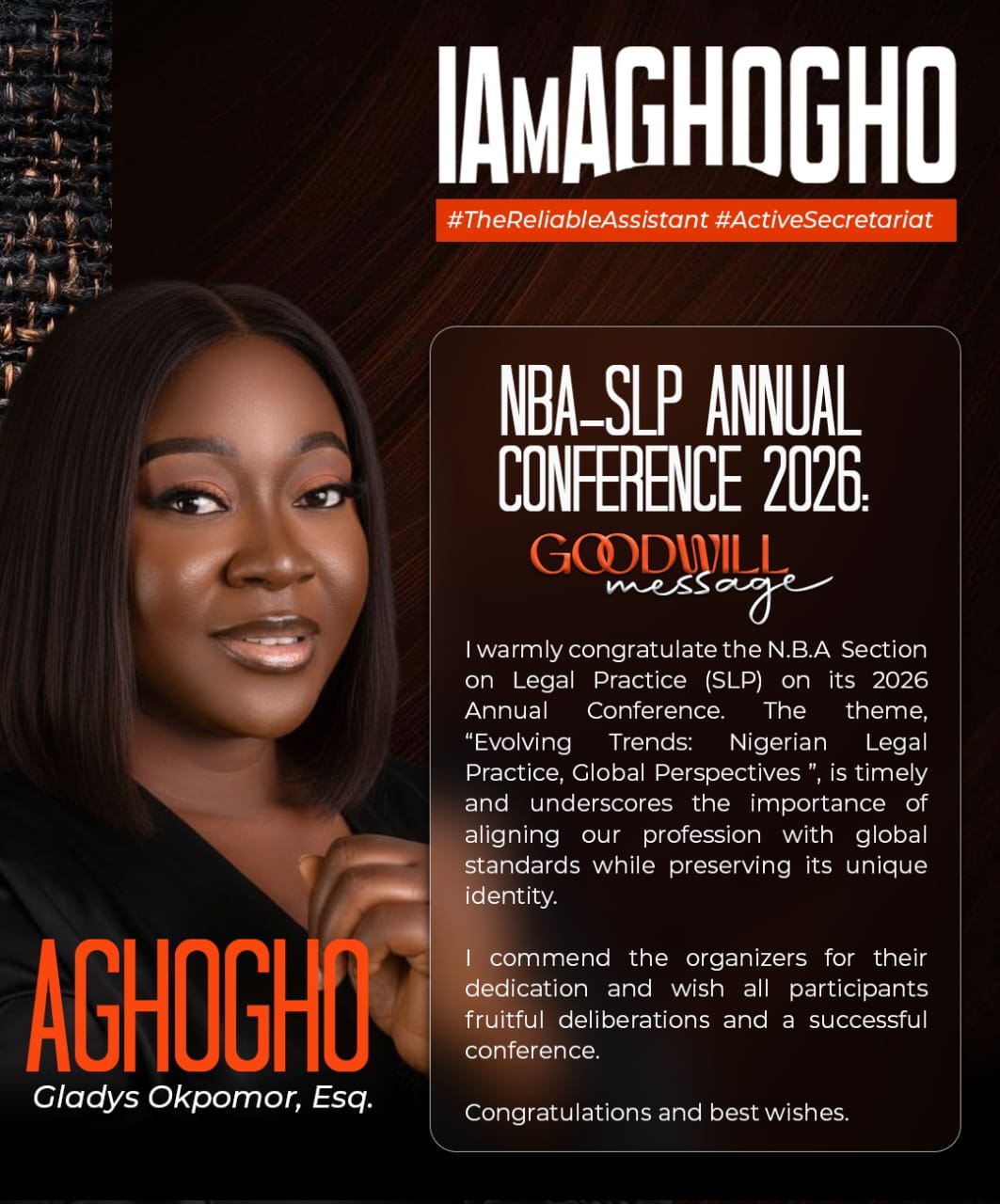 Aghogho Gladys Okpomor Sends Goodwill Message to NBA-SLP, Praises Timely Focus on Evolving Legal Trends