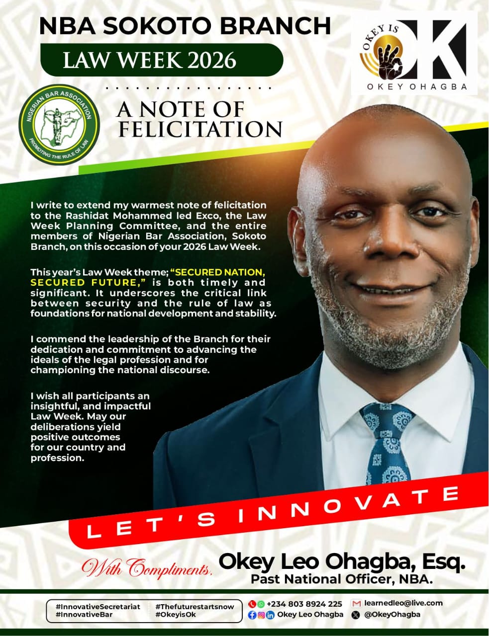 Okey Leo Ohagba Applauds NBA Sokoto Law Week 2026, Calls for Strengthened Link Between Security and National Development