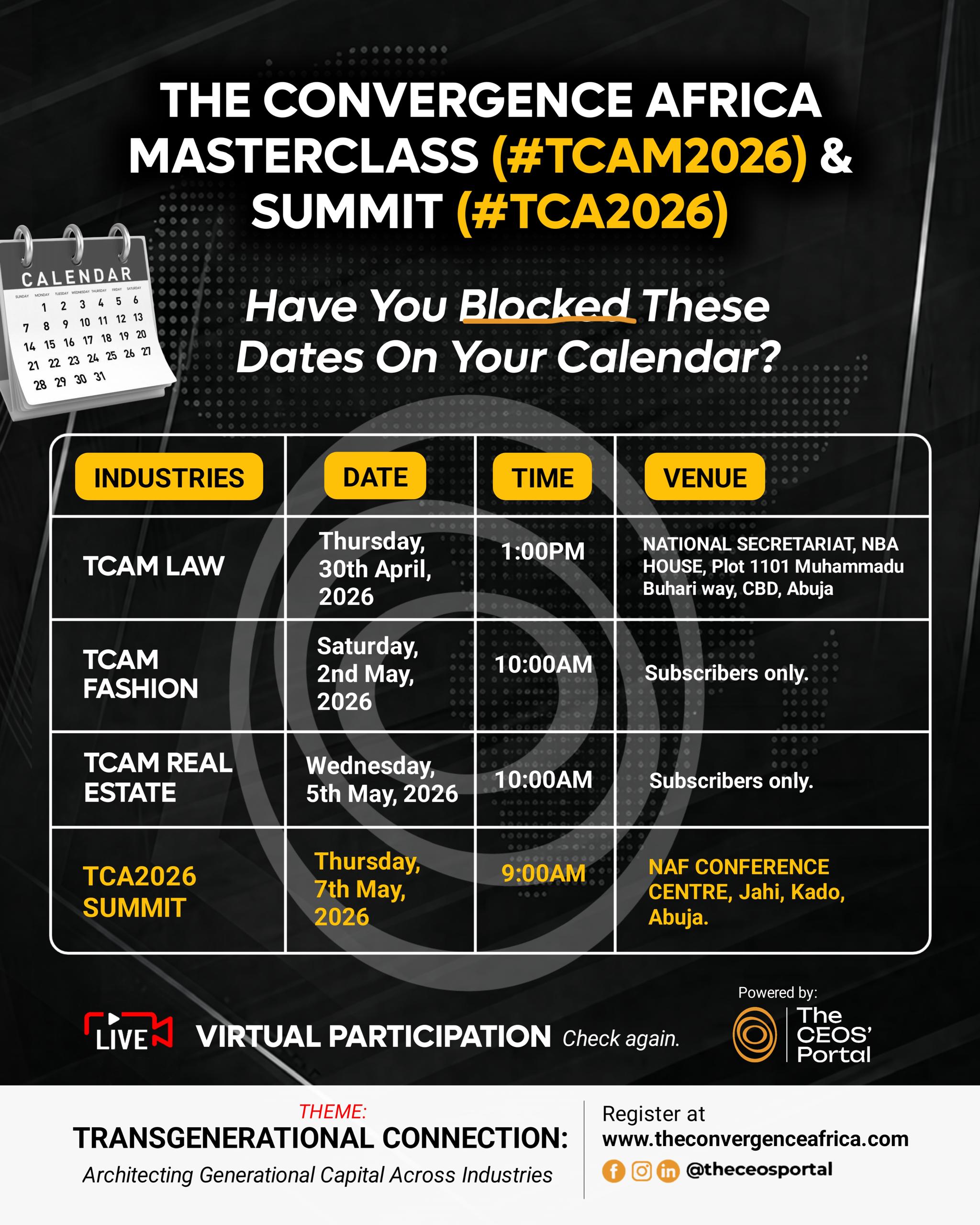 The Convergence Africa Sets 30th April as Kickoff for 2026 Multi-Industry Masterclass, Abuja Summit Holds 7th May.