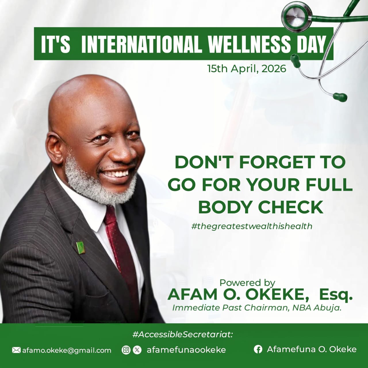 Afam O. Okeke Advocates Work-Life Balance, Calls Wellness a Necessity on International Wellness Day 2026