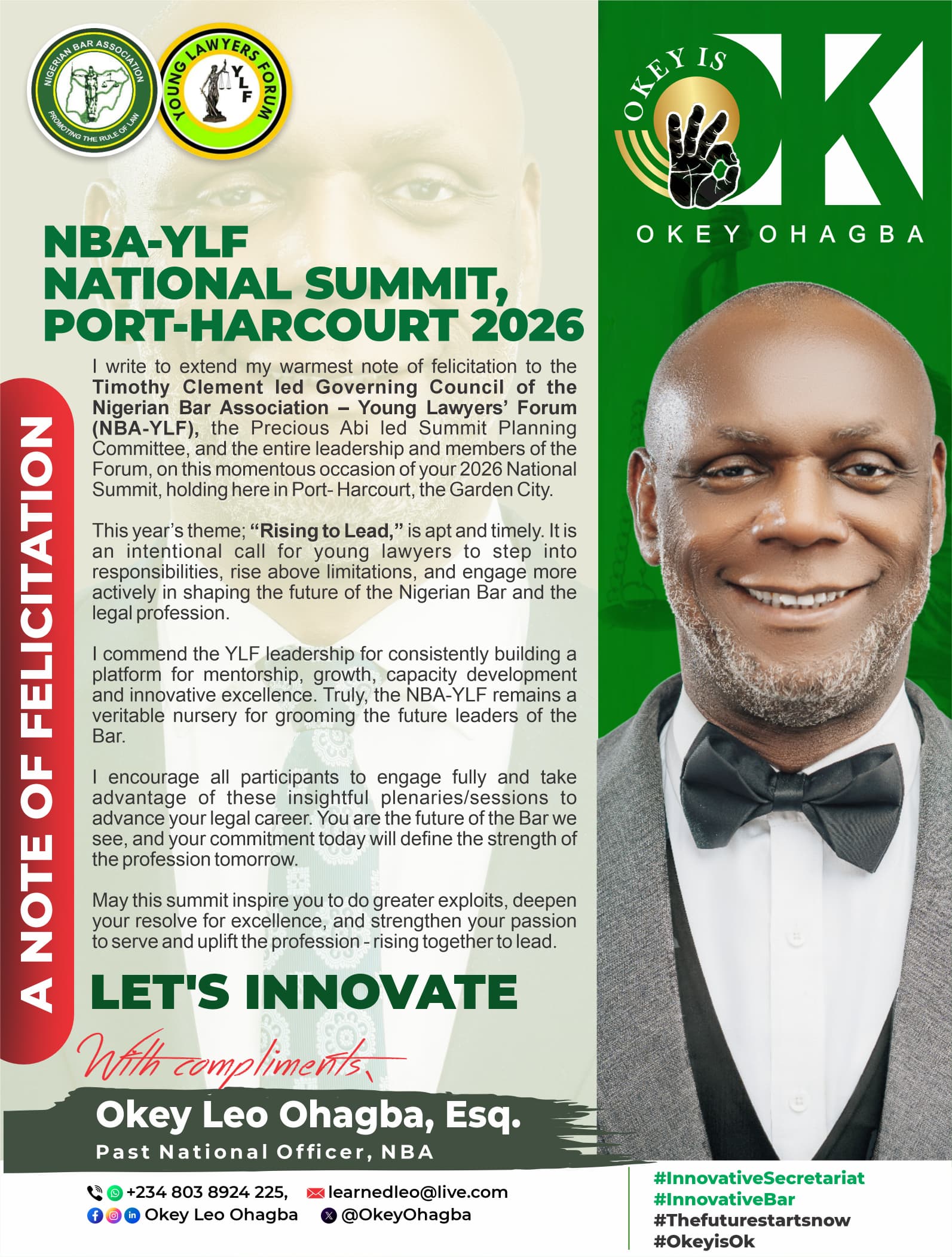 Okey Leo Ohagba Praises NBA-YLF Theme “Rising to Lead,” Urges Young Lawyers to Embrace Leadership Roles