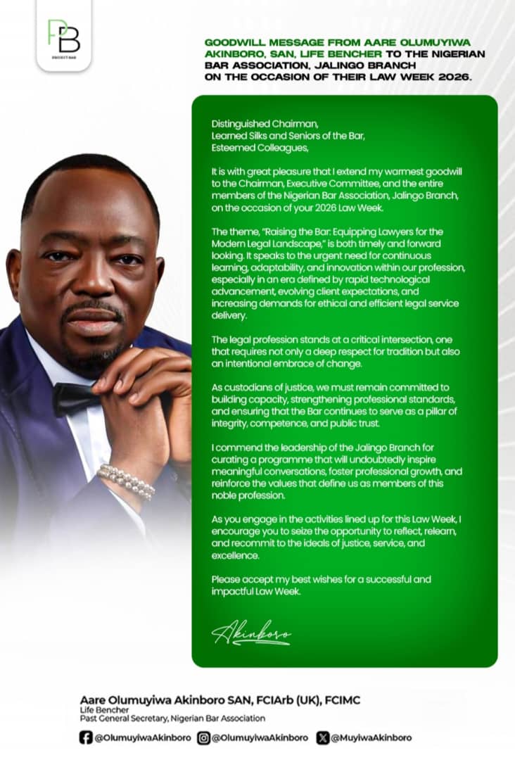 Aare Olumuyiwa Akinboro, SAN, Commends NBA Jalingo Branch on 2026 Law Week Theme and Vision