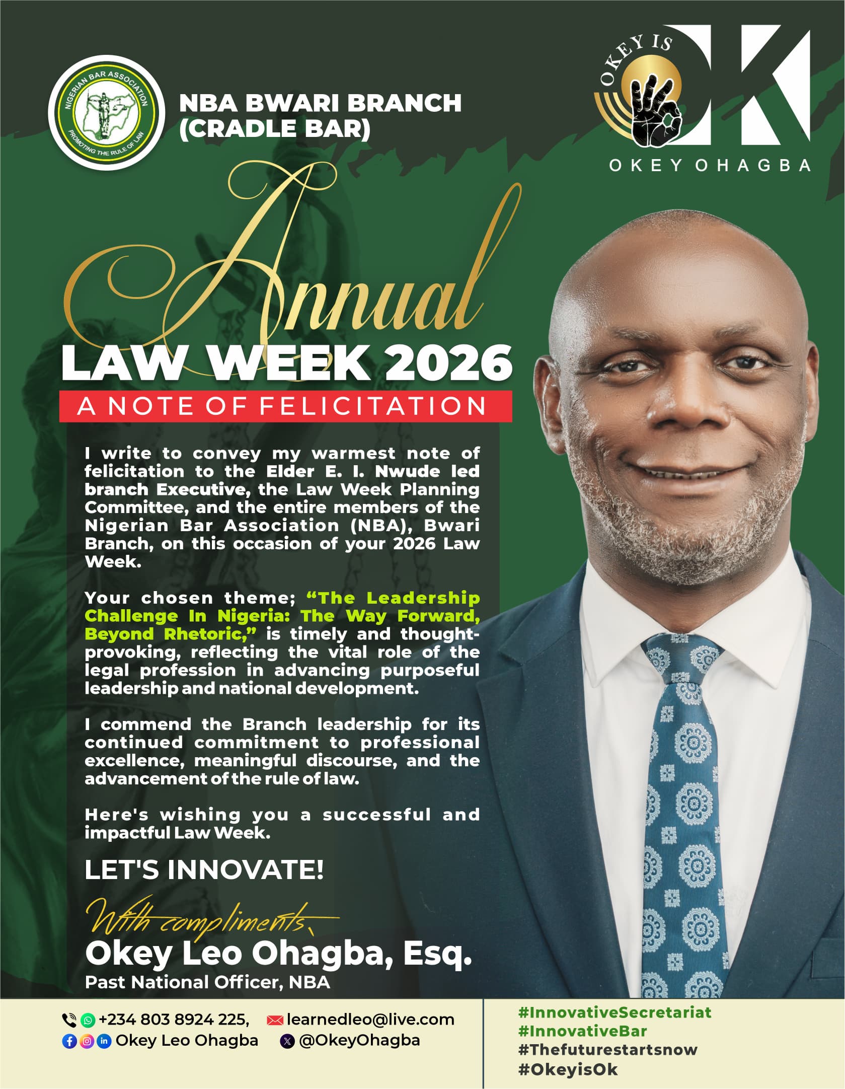 Okey Leo Ohagba Celebrates NBA Bwari Law Week, Calls for Impactful Engagement on Leadership and Rule of Law