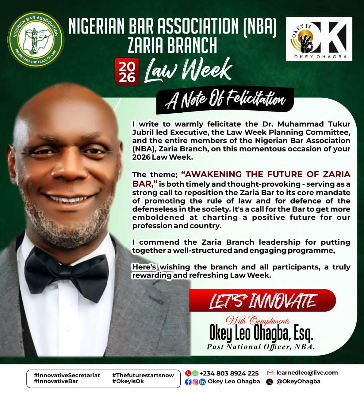 Okey Leo Ohagba Celebrates NBA Zaria, Emphasizes Rule of Law and Professional Reawakening