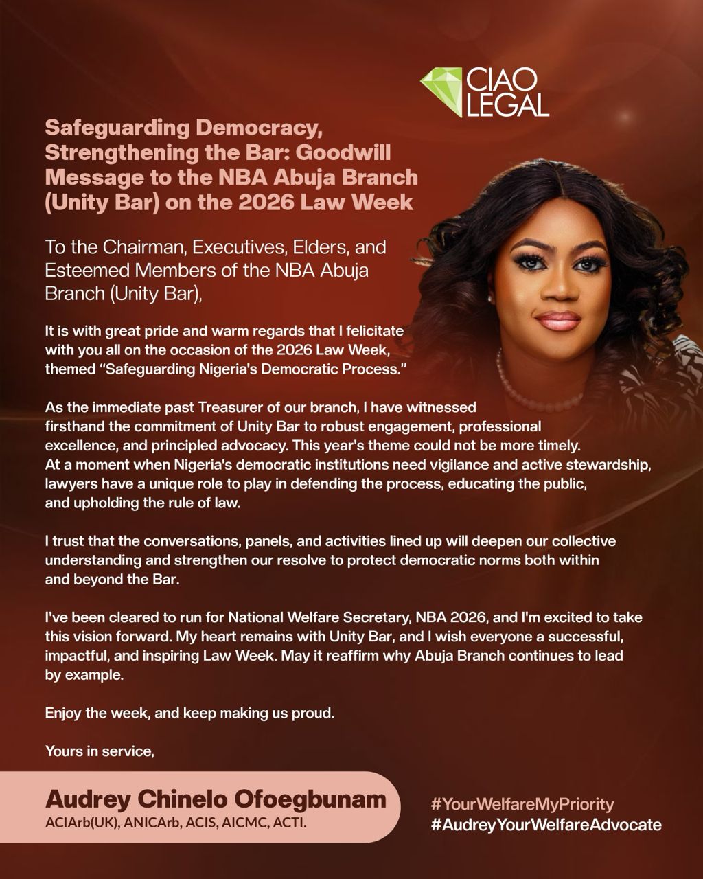 Audrey Chinelo Ofoegbunam Charges Lawyers to Defend Nigeria’s Democratic Process at Unity Bar Law Week