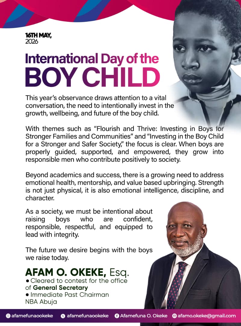 Afam O. Okeke Marks International Day of the Boy Child 2026 with Advocacy for Mentorship, Character and Emotional Wellbeing