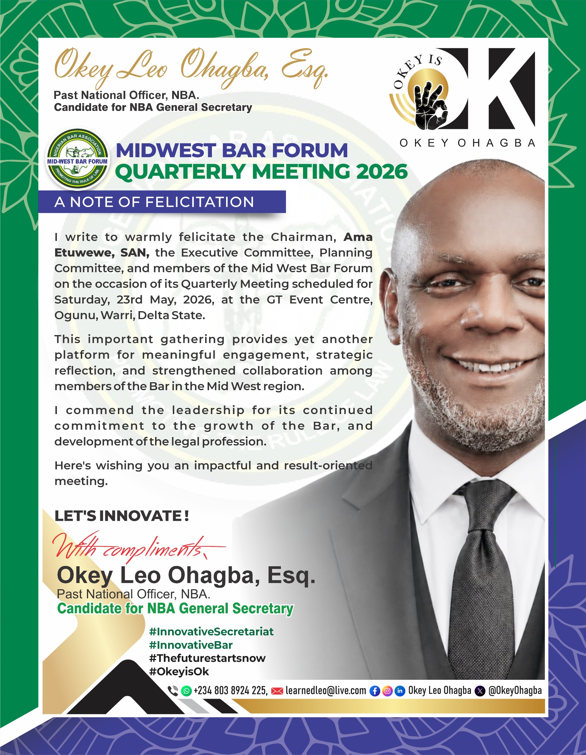 Okey Leo Ohagba Felicitates Mid-West Bar Forum on 2026 Quarterly Meeting, Calls for Strategic Engagement and Collaboration