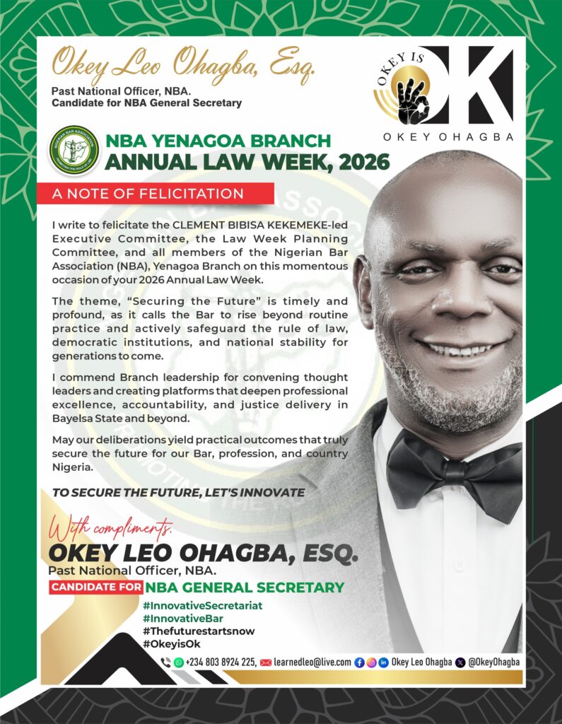 Okey Leo Ohagba, Candidate for NBA General Secretary, Felicitates NBA Yenagoa Branch on 2026 Law Week 1 WhatsApp Image 2026 06 05 at 13.00.28