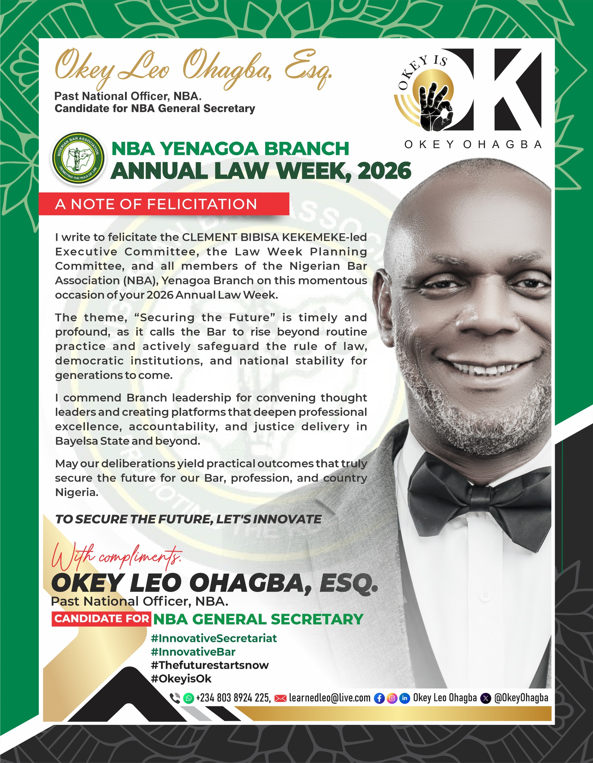 Okey Leo Ohagba, Candidate for NBA General Secretary, Felicitates NBA Yenagoa Branch on 2026 Law Week