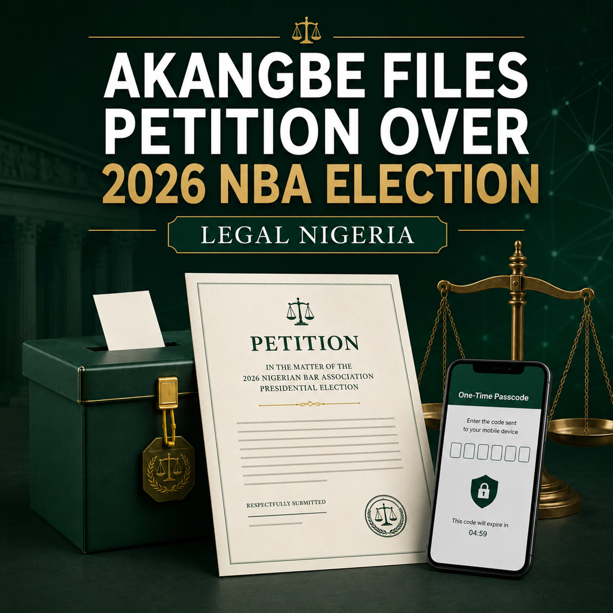 Legal Nigeria graphic on Lateef Akangbe's petition challenging the 2026 NBA presidential election over alleged OTP failures