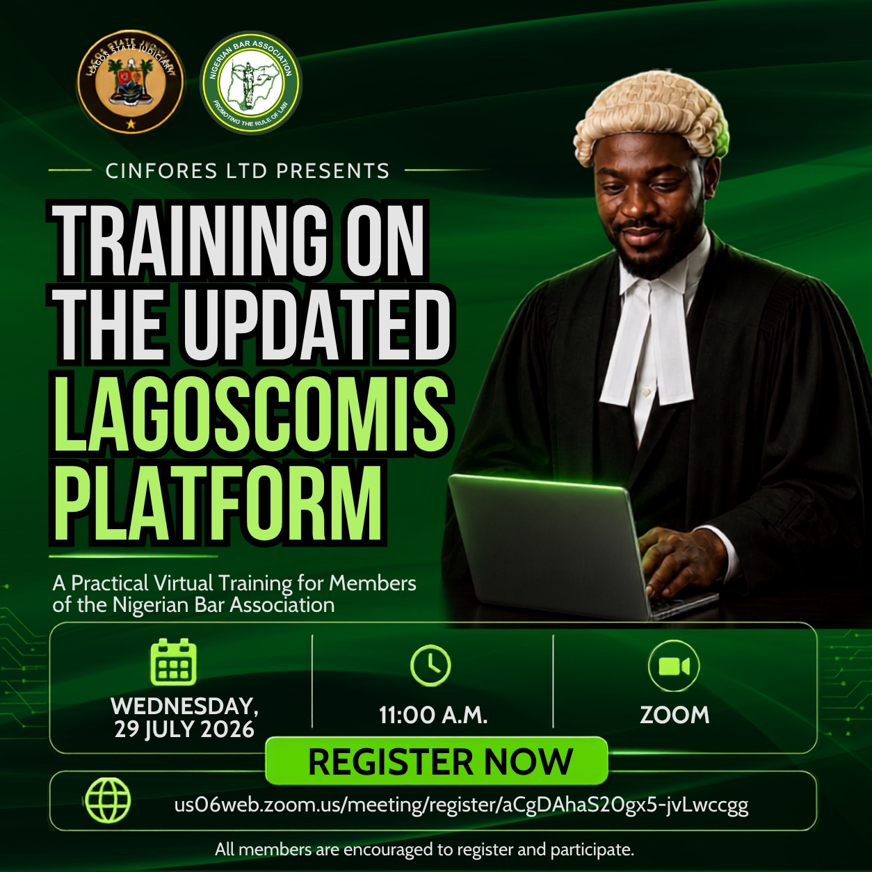 Cinfores Ltd to Train NBA Members on Updated LagosCoMIS Platform July 29 1 Flyer announcing Cinfores Limited virtual training on the updated LagosCoMIS platform for NBA members on 29 July 2026