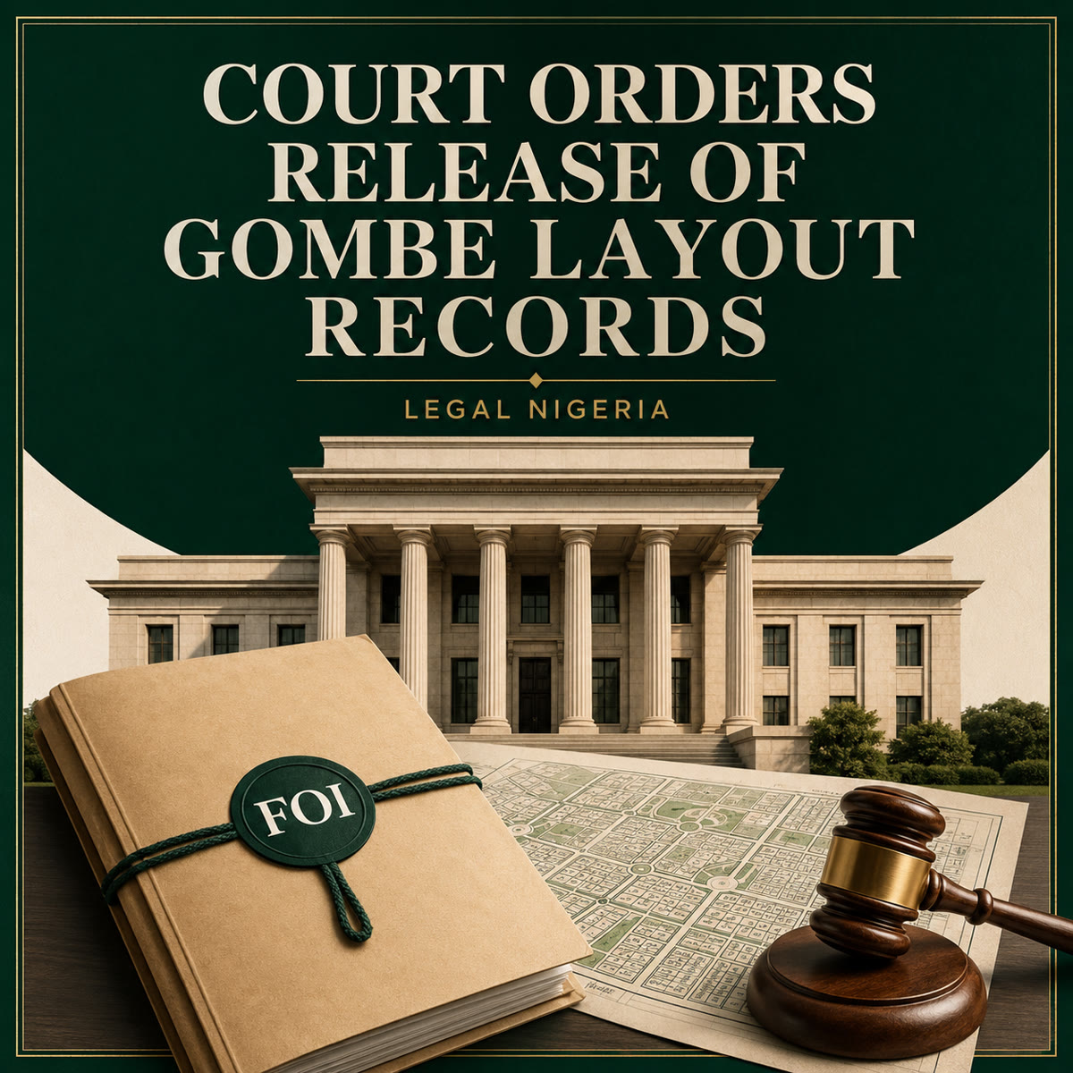 Legal Nigeria graphic illustrating a court order for disclosure of Gombe district layout records under the Freedom of Information Act