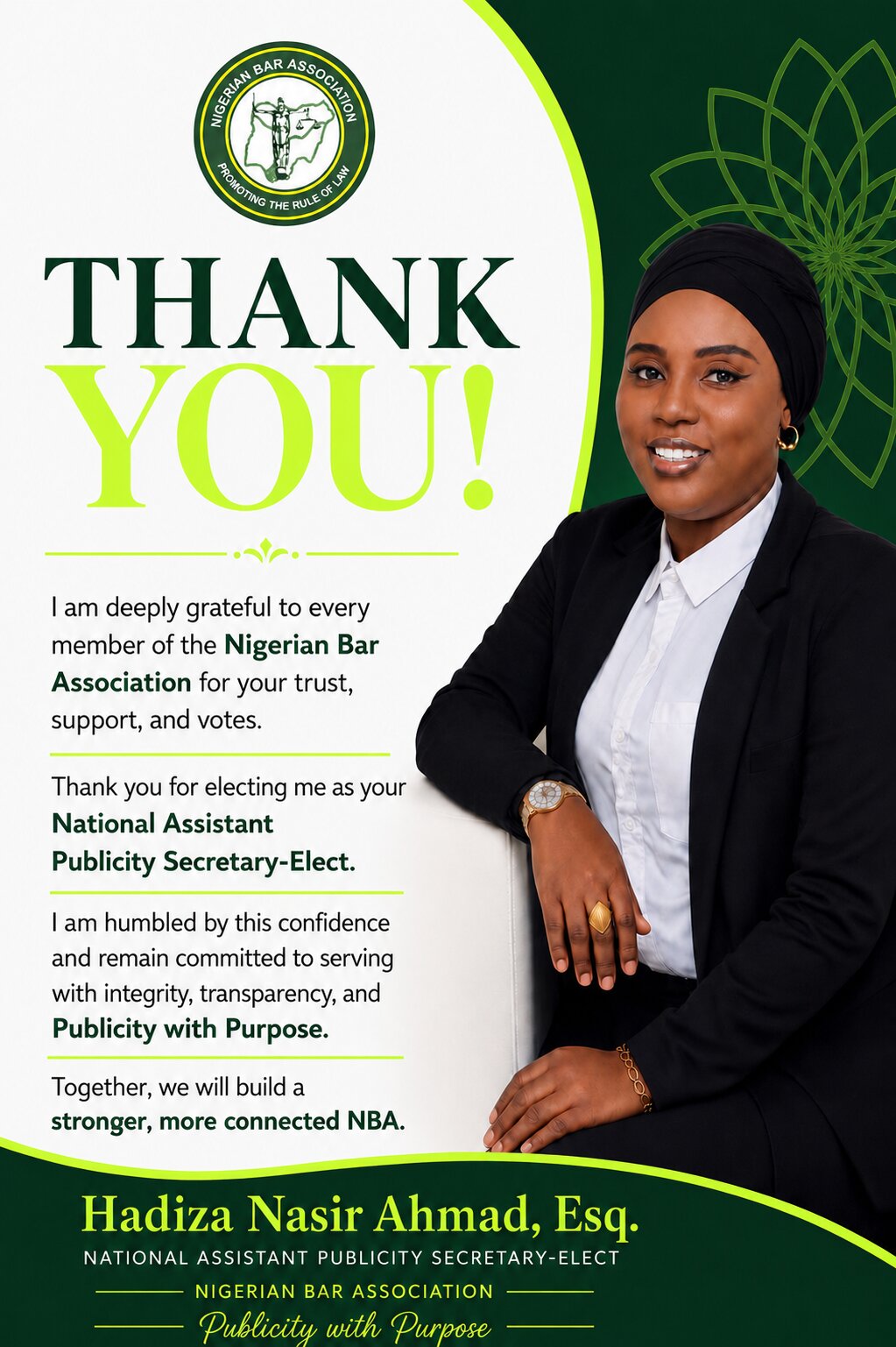 Hadiza Nasir Ahmad, NBA National Assistant Publicity Secretary-Elect, Thanks Lawyers for Mandate, Promises Integrity and Transparency
