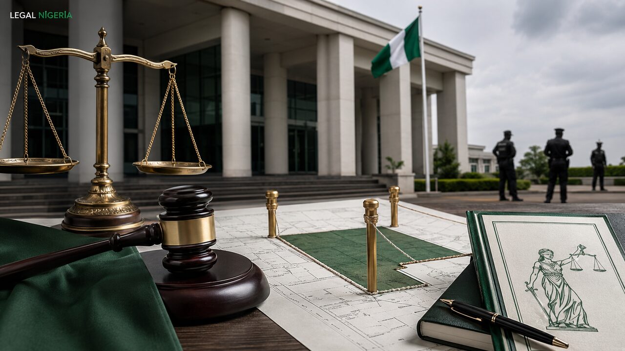 Legal Nigeria illustration of a courthouse, survey plan and scales of justice