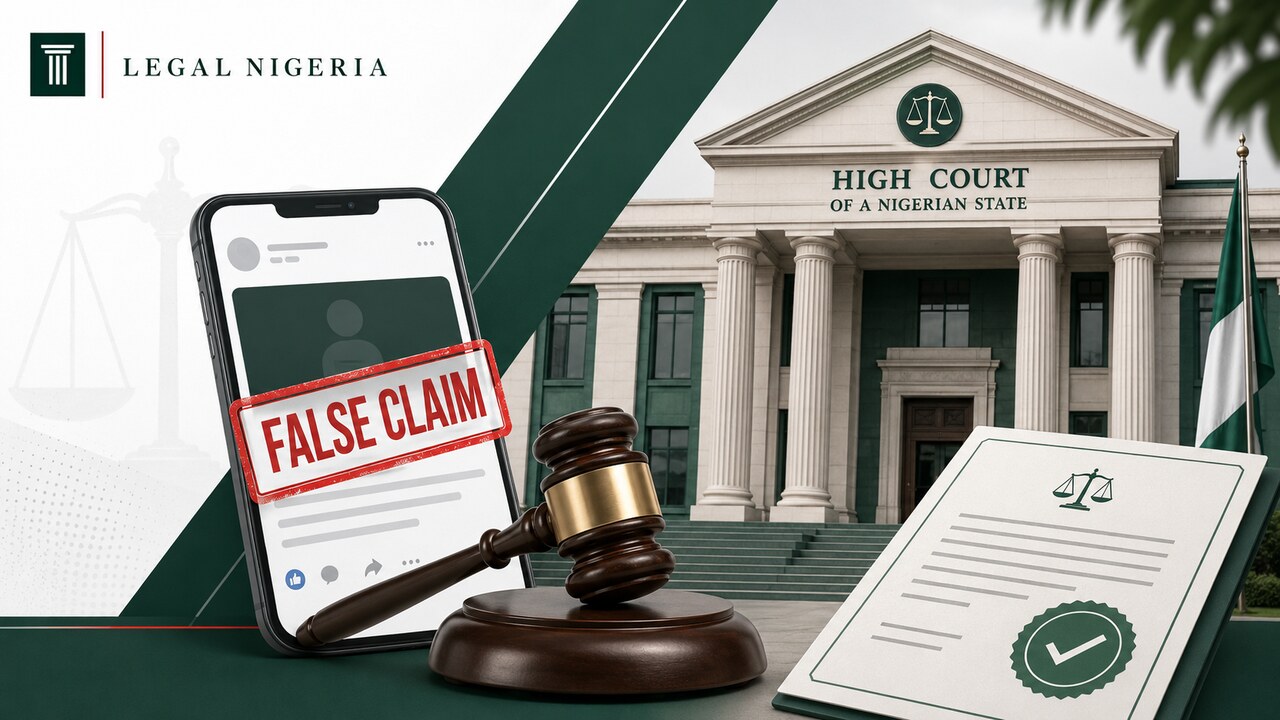 Legal Nigeria illustration of a court correcting a false online claim