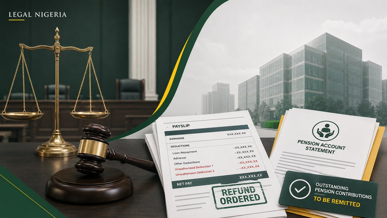Legal Nigeria illustration of an employment judgment on salary deductions and pension contributions