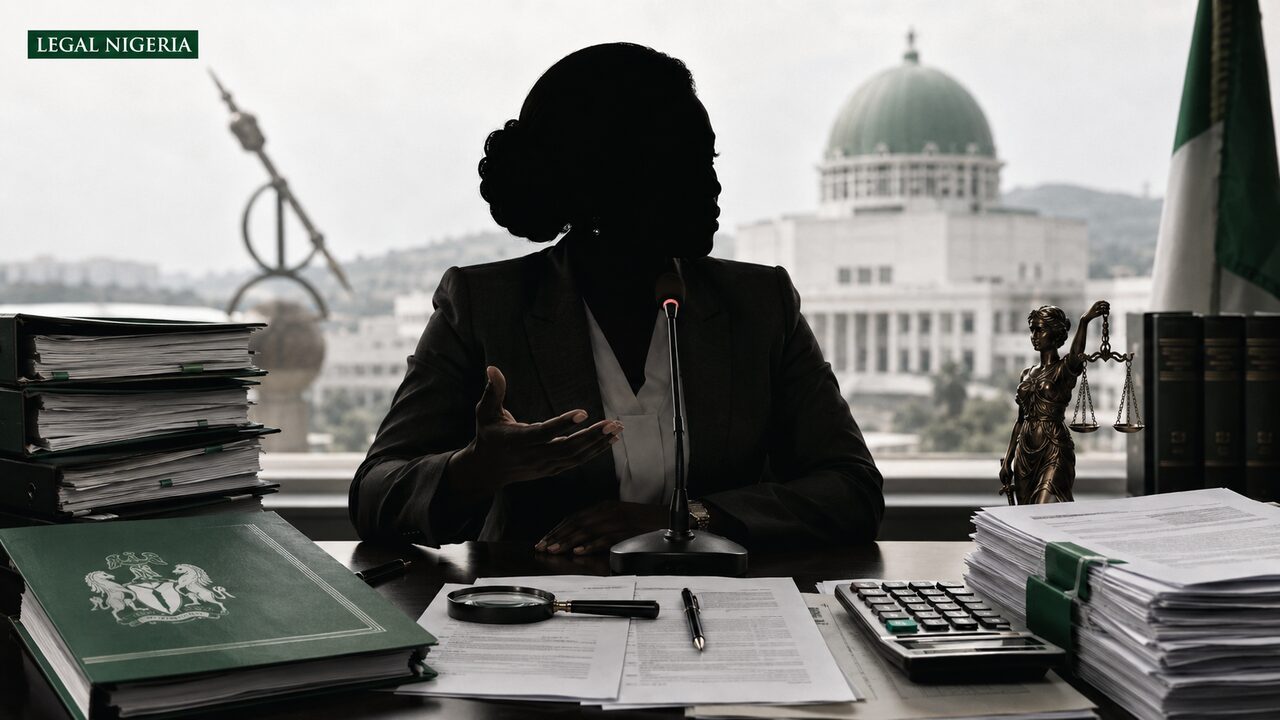 Legal Nigeria illustration of a public official, audit documents and scales of justice
