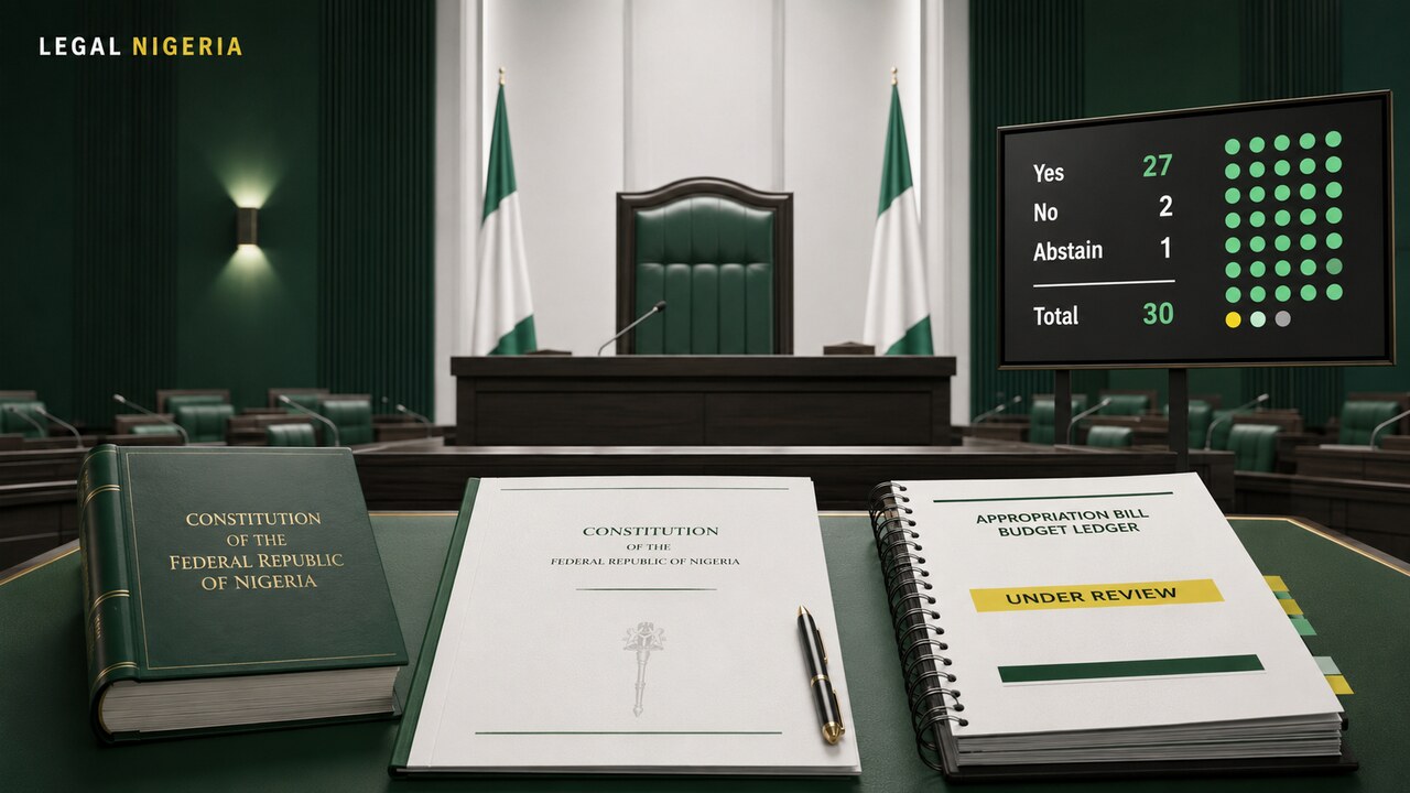 Legal Nigeria illustration of a state assembly leadership and budget accountability dispute