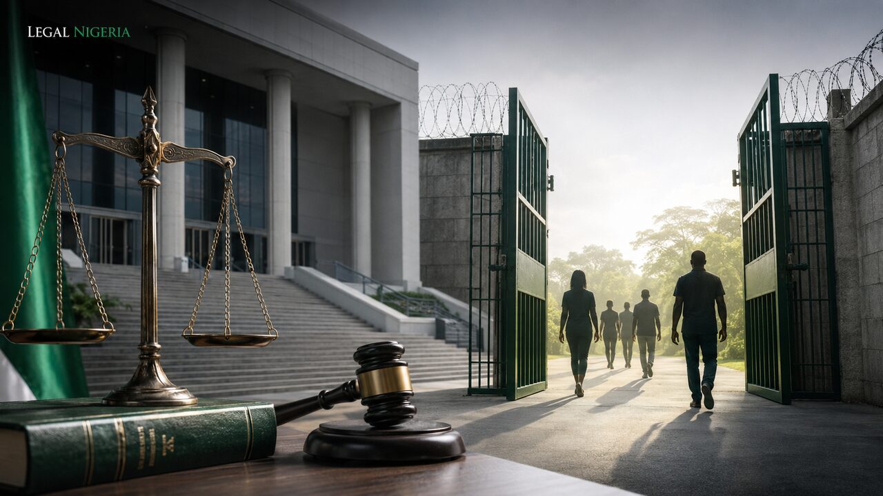 Legal Nigeria illustration of a courthouse, justice scales and an open correctional-centre gate